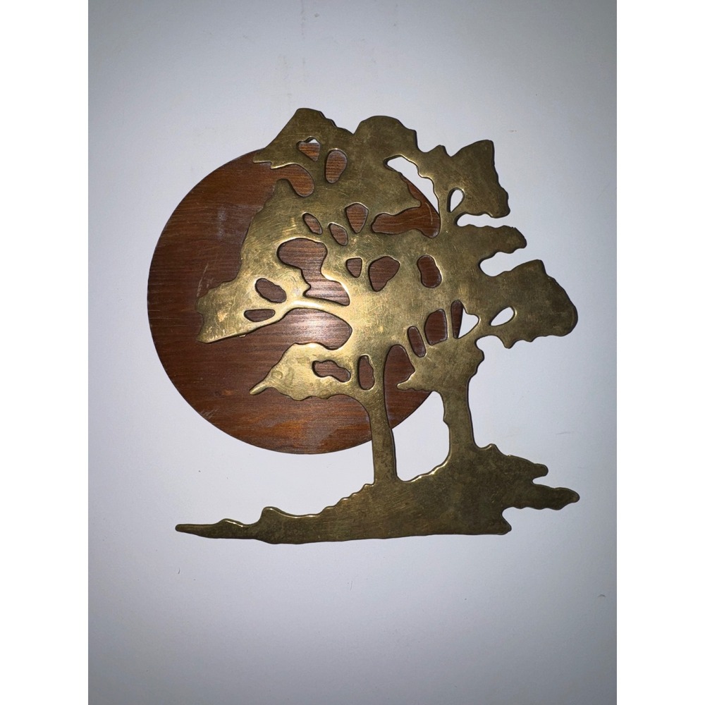 Vintage Brass Bonsai Tree Wood Sun Wall Hanging Art Mid Century Modern Taiwan